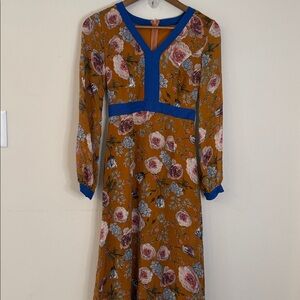 Floral Mustard Maxi Dress with Blue Trim